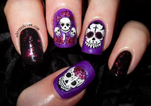 Pink and Purple Sugar Skull Nail Art