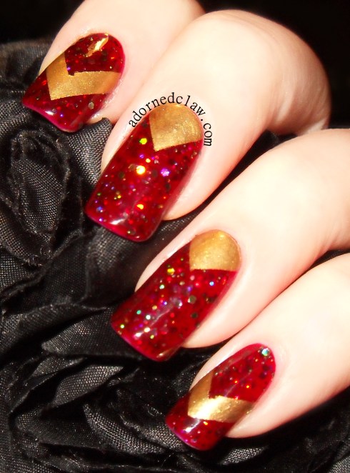 Gold and Red Chevron Nail Art Taras Talons Zombie Blood and Revlon Golden