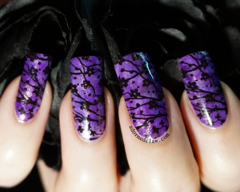 Purple Smoosh Stamped Blossom Nail Art